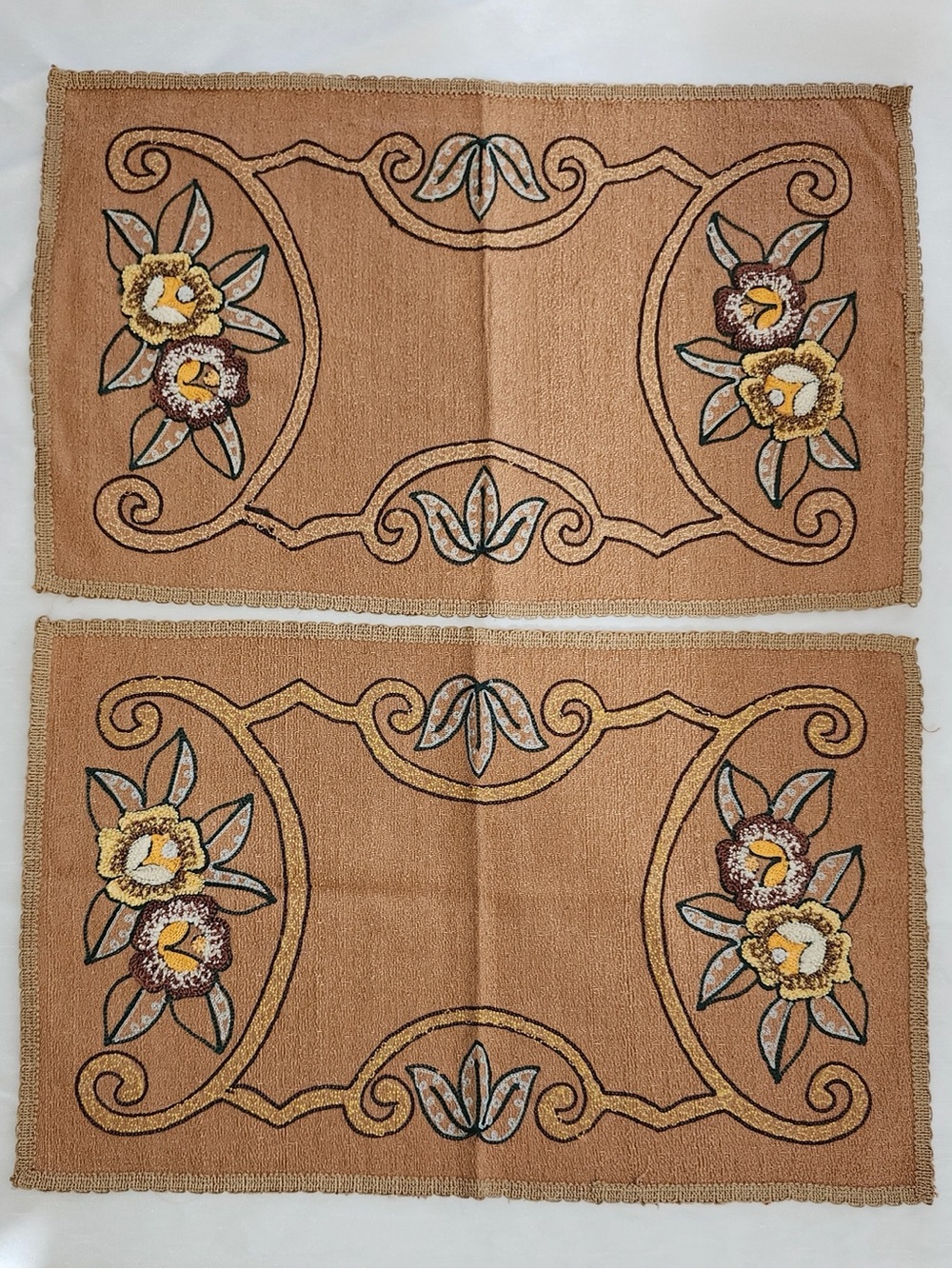 Vintage Floral Punch Needle Embroidered Arts & Crafts Style Table Runner Pair